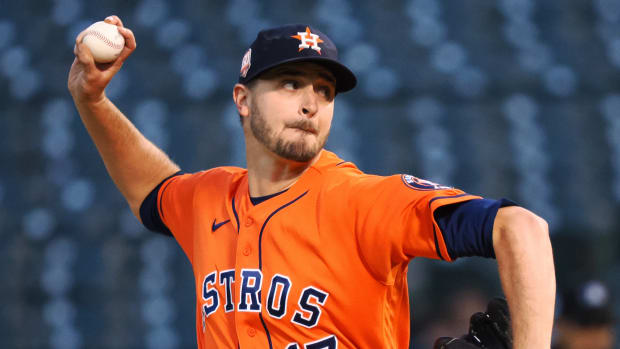Houston Astros starting pitcher Jake Odorizzi (17) throws a pitch against the Oakland Athletics during the fifth inning at RingCentral Coliseum.
